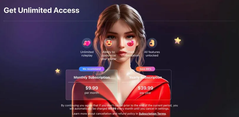 Anima Get Unlimited Access screen: four benefits, a Monthly Subscription card marked We recommend and a Yearly Subscription card marked Save 66%, with the auto-renewal terms below.