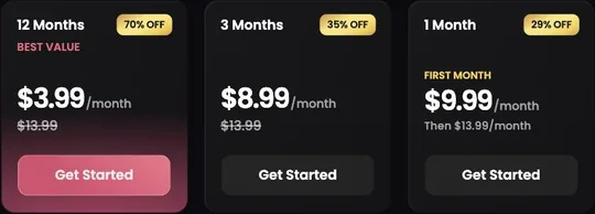 Three plan cards, each with a monthly rate and a Get Started button: 12 Months, 70% off, best value, highlighted; 3 Months, 35% off; 1 Month, 29% off, with a first-month price and the regular price after it.