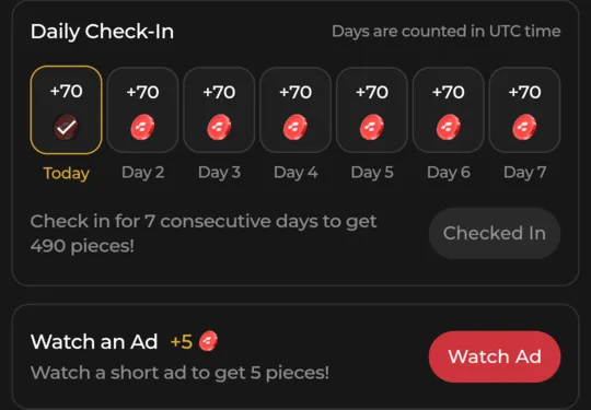 Daily Check-In card with plus 70 on each of seven days, today ticked and the button reading Checked In, and below it Watch an Ad, plus 5.