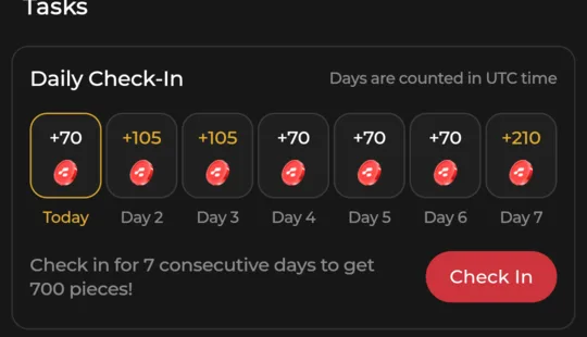 Daily Check-In card: plus 70 today, then 105, 105, 70, 70, 70 and 210 on days 2 to 7, with a Check In button and the text: check in for 7 consecutive days to get 700 pieces.