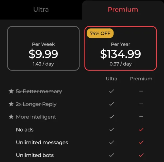 Chai subscription screen on the Premium tab: Per Week and Per Year cards, the yearly card selected with a 74% OFF badge, and a table of Ultra and Premium features.