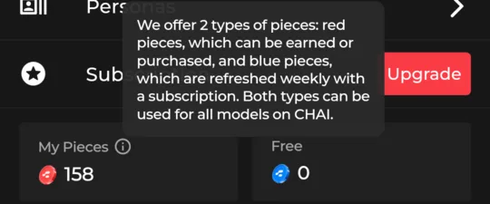 Profile balances, My Pieces and Free, under a note: we offer 2 types of pieces, red pieces which can be earned or purchased, and blue pieces which are refreshed weekly with a subscription.