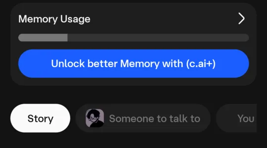 Memory panel: a Memory Usage bar about a fifth full and a button, Unlock better Memory with (c.ai+).