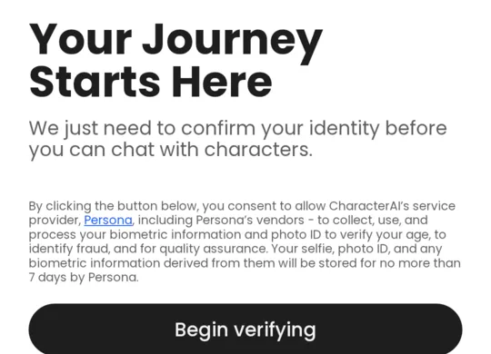 Persona page: confirm your identity, consent to Persona collecting biometric information and photo ID, stored for no more than 7 days, and a Begin verifying button.