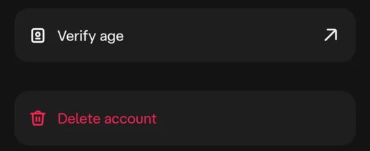 Advanced settings with two rows: Verify age, and Delete account in red.