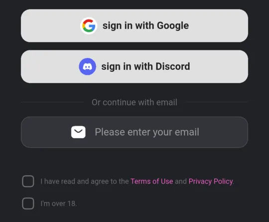 JollyChatter sign-in screen with Google, Discord and email options and two tick boxes: agree to the Terms of Use and Privacy Policy, and over 18.
