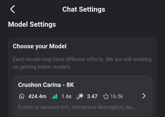 Chat Settings screen showing the default model, Crushon Carina - 8K, with an average reply time of 1.6s and a user rating of 3.47.