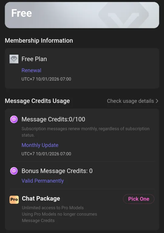 JollyChatter's My Subscription screen: Free Plan, Message Credits 0/100, and a note that subscription messages renew monthly, regardless of subscription status.