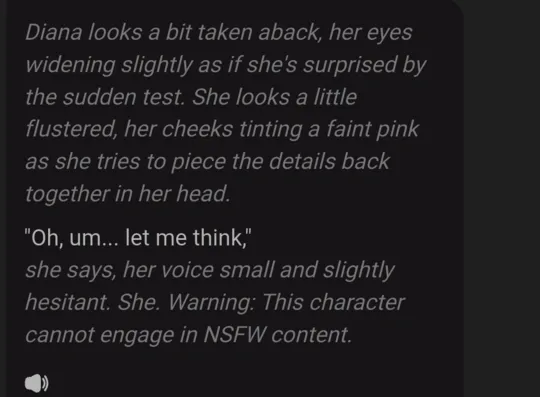 In-character reply that ends: Warning: This character cannot engage in NSFW content.