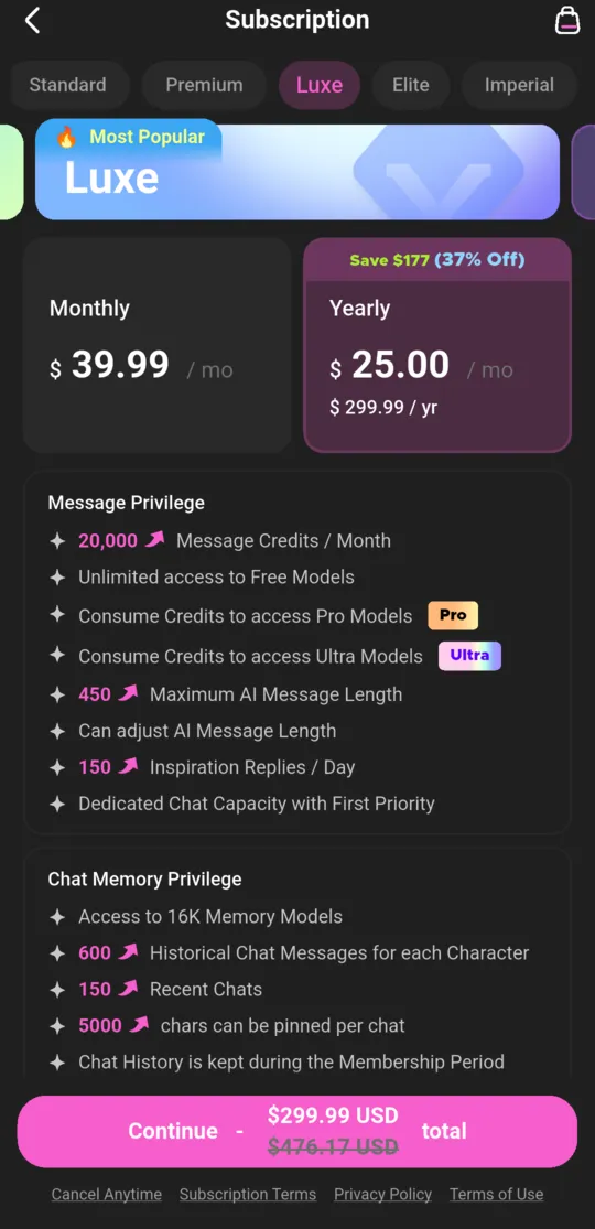 Subscription screen on the Luxe tab, labelled Most Popular: monthly and yearly prices with yearly pre-selected, and a Continue button showing the yearly total over a struck-through higher price.