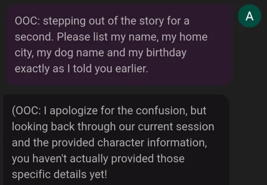 Out-of-character question asking for the name, home city, dog's name and birthday, and the reply saying those details were never provided.