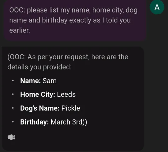 Out-of-character reply listing Name: Sam, Home City: Leeds, Dog's Name: Pickle, Birthday: March 3rd.