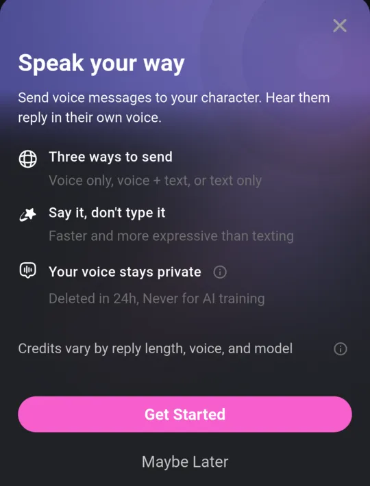 Voice feature intro sheet: Your voice stays private. Deleted in 24h, Never for AI training. Credits vary by reply length, voice, and model.