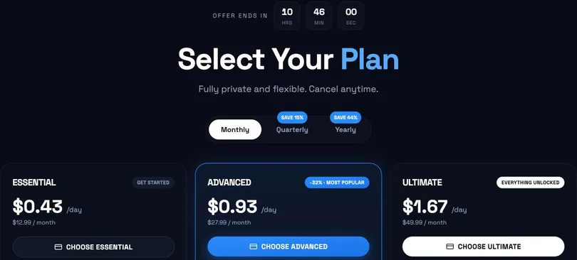 DarLink plan page, Monthly tab, under an Offer ends in countdown: Essential, Advanced (badged most popular) and Ultimate (everything unlocked), each with a price per day and a monthly price.