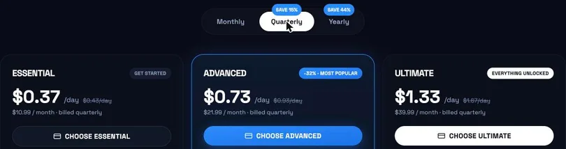 Quarterly tab, save 15%: the three plans with a per-day price, the Monthly tab's per-day price struck through, and a monthly price billed quarterly.
