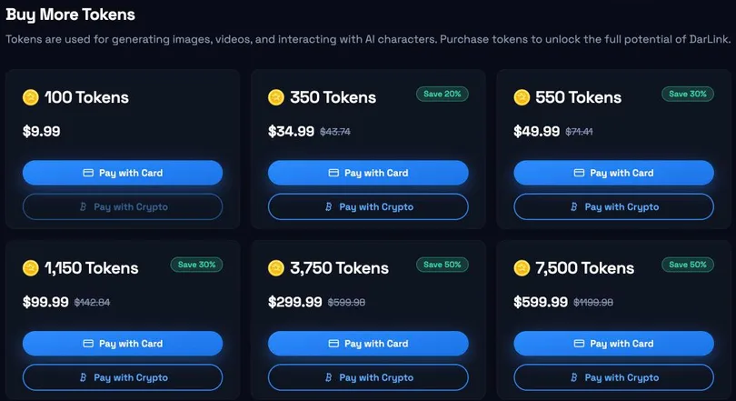 Buy More Tokens page: six packs of 100, 350, 550, 1,150, 3,750 and 7,500 tokens; all but the smallest with a struck-through price and a save badge; Pay with Card and Pay with Crypto on each.