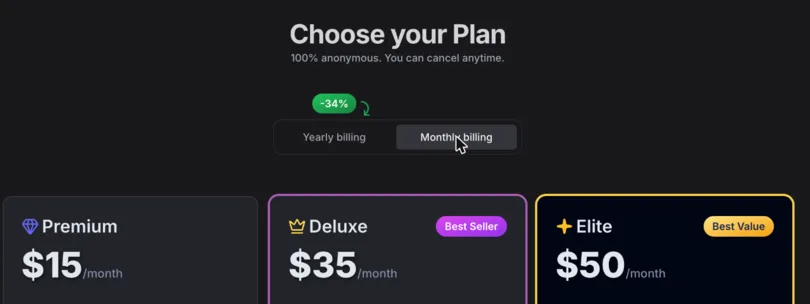 GirlfriendGPT Choose your Plan page, Monthly billing tab: Premium, Deluxe (Best Seller) and Elite (Best Value), each with its monthly price.