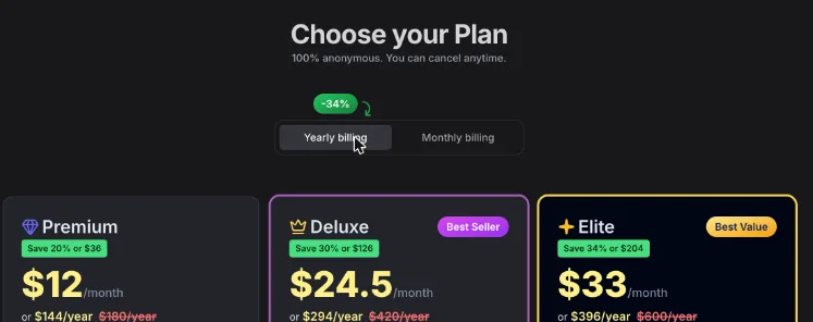 Yearly billing tab: the same three plans with a per-month price, the yearly total, a struck-through yearly price and a Save badge on each.