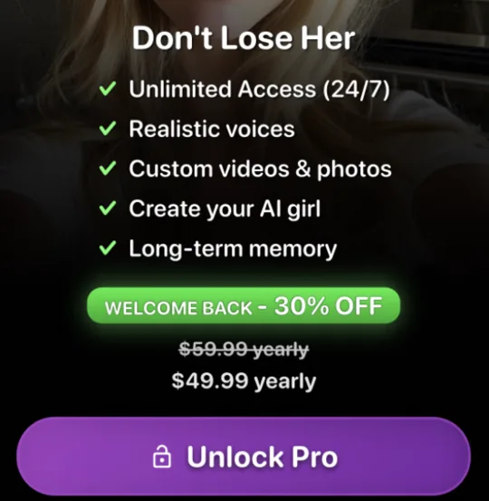 Intimate Pro offer shown on opening the app: Don't Lose Her, five benefits, a WELCOME BACK 30% OFF badge, a struck-through yearly price above a discounted yearly price, and an Unlock Pro button.
