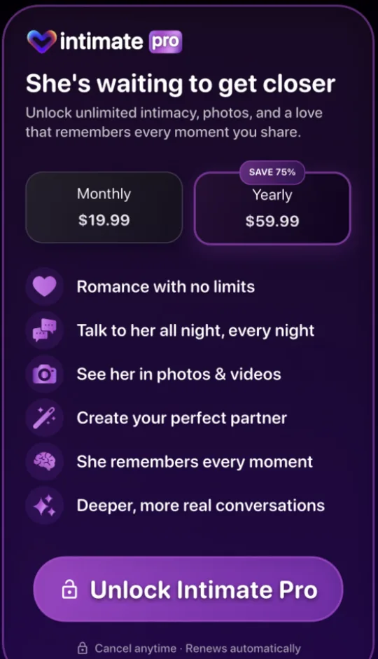 Intimate Pro plan card on the You tab: She's waiting to get closer, Monthly and Yearly buttons (Yearly marked SAVE 75%), six benefits and an Unlock Intimate Pro button.