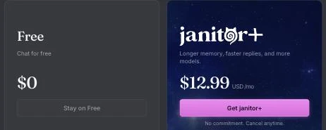 Billing page plan cards: Free at zero dollars, Stay on Free, beside janitor+ billed monthly in USD, Get janitor+, No commitment. Cancel anytime.