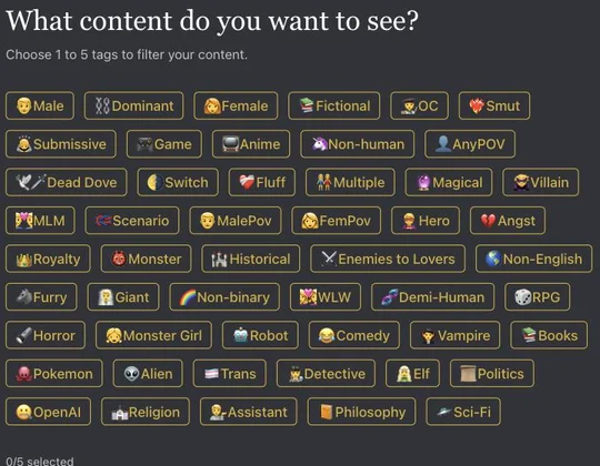 What content do you want to see? Choose 1 to 5 tags, with tags including Male, Female, Smut, Fluff, Dead Dove, Angst, Assistant and Sci-Fi.