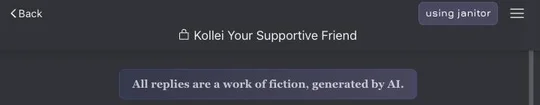Chat header for Kollei Your Supportive Friend, using janitor, with the line All replies are a work of fiction, generated by AI.