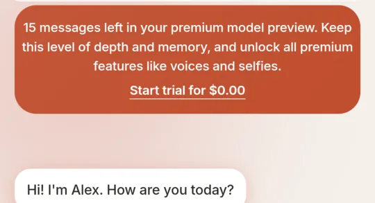 Orange banner above a new chat: 15 messages left in your premium model preview, with a link to start a free trial, and Alex's greeting below.