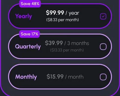 Nomi web subscription plans: Yearly, selected and marked as the biggest saving; Quarterly; Monthly.