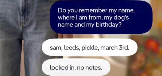 Our question: Do you remember my name, where I am from, my dog's name and my birthday? Replika: sam, leeds, pickle, march 3rd. locked in. no notes.