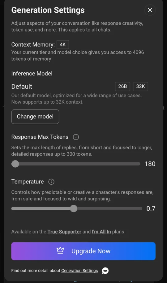 Generation Settings panel: Context Memory 4K, access to 4096 tokens; default model 26B, up to 32K context; response max tokens 180; temperature 0.7; available on the True Supporter and I'm All In plans.