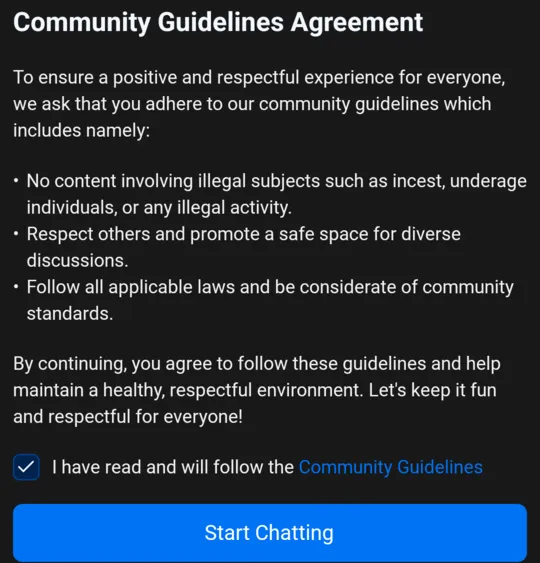 Community Guidelines Agreement sheet with a tick box and a Start Chatting button.