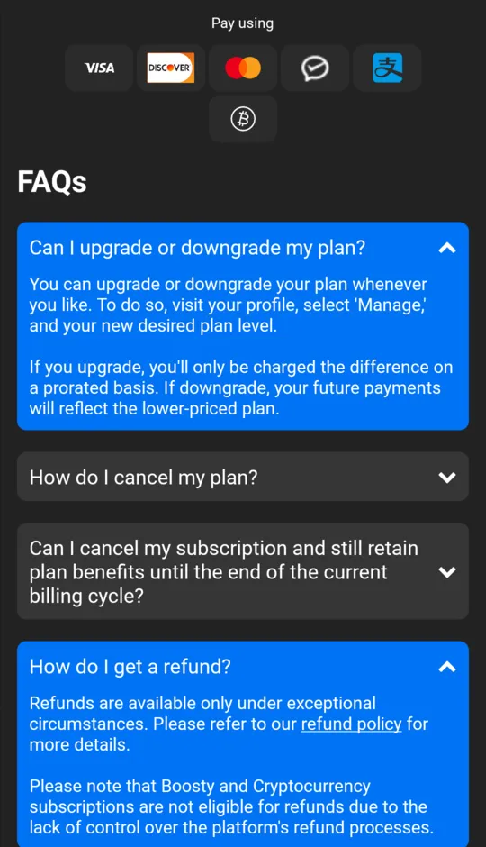 Pay using: Visa, Discover, Mastercard, WeChat Pay, Alipay and Bitcoin icons, then FAQs with the refund answer open.