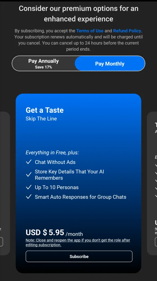 SpicyChat paywall with Pay Monthly selected and the Get a Taste card at USD 5.95 a month.