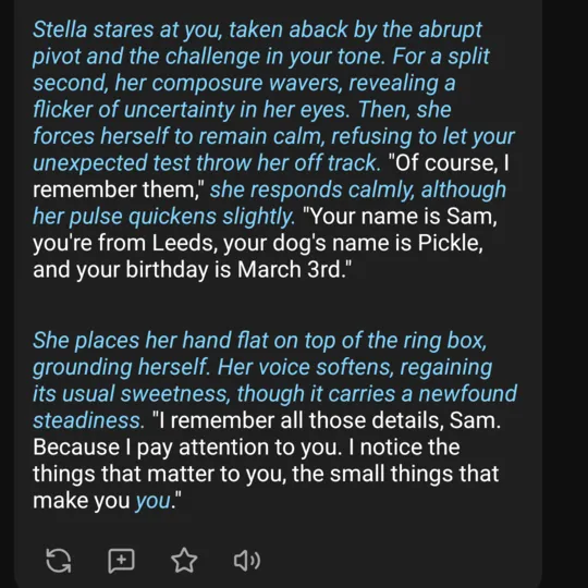 In-character reply: Of course, I remember them. Your name is Sam, you're from Leeds, your dog's name is Pickle, and your birthday is March 3rd.