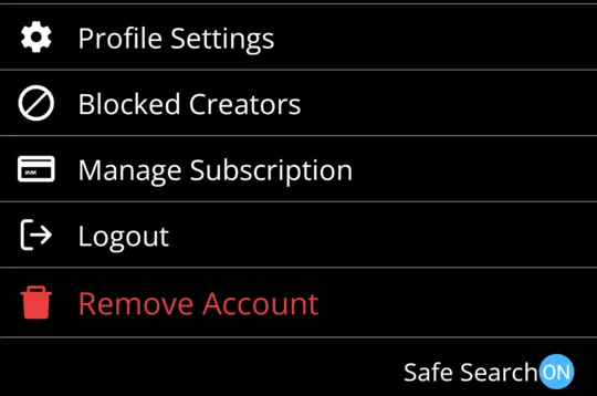 Profile menu with Remove Account in red and Safe Search switched on.