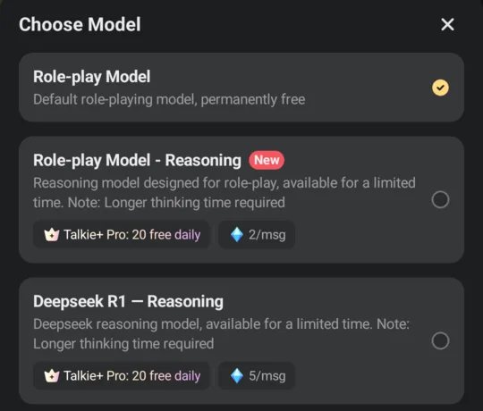 Choose Model sheet: Role-play Model, default, permanently free, selected; two reasoning models at 2 and 5 gems a message or 20 free daily with Talkie+ Pro.