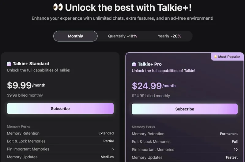 Talkie+ pricing panel on monthly billing: Talkie+ Standard and Talkie+ Pro, each billed monthly, with their memory perks.