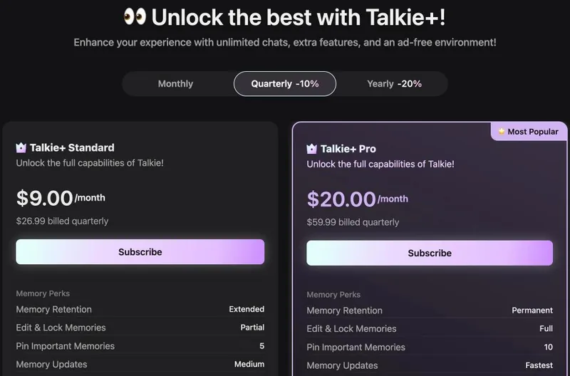 Talkie+ pricing panel on quarterly billing, marked -10%: Talkie+ Standard and Talkie+ Pro, each billed quarterly.