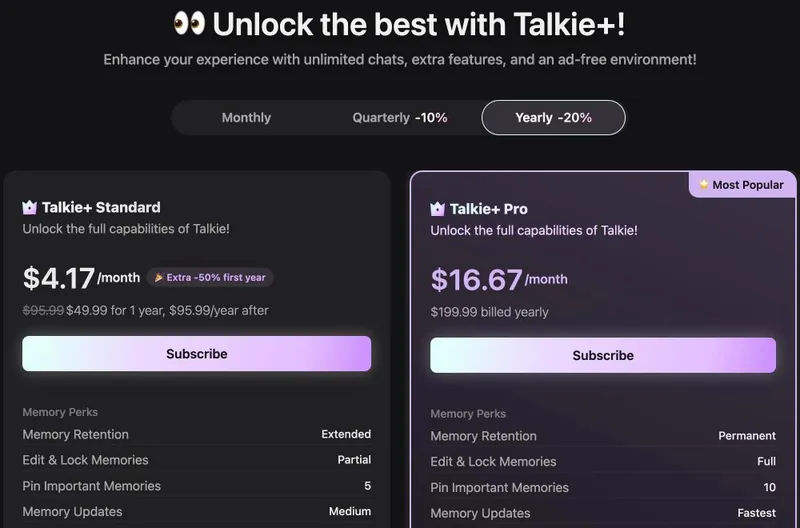 Talkie+ pricing panel on yearly billing: Talkie+ Standard with its yearly price struck through, a first-year price and an Extra -50% first year badge; Talkie+ Pro billed yearly, marked Most Popular.